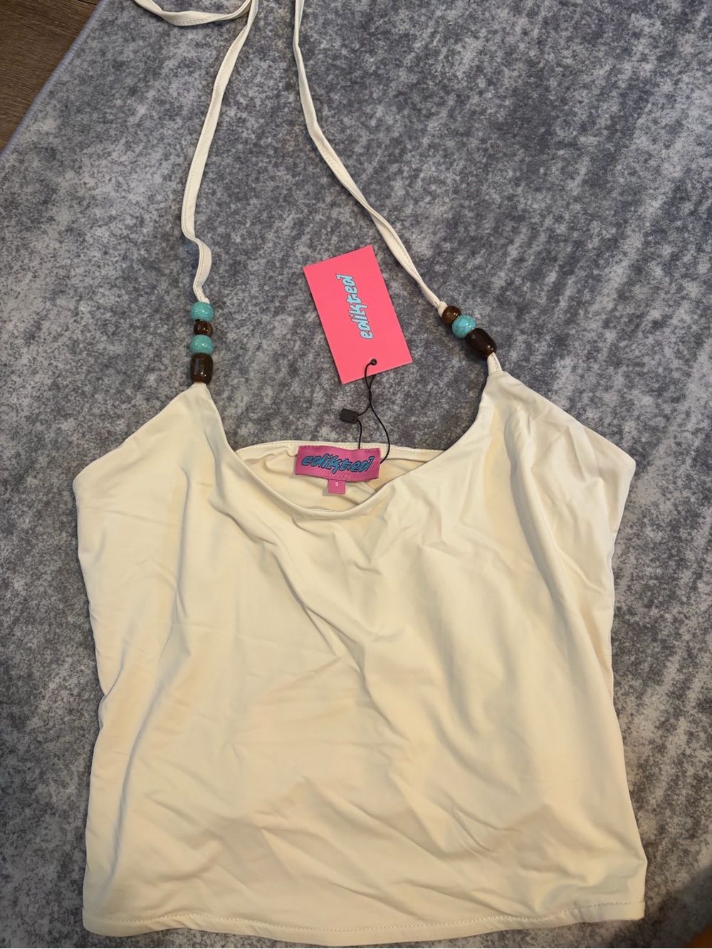 Edikted Cream Halter Tank Top with Beaded Straps